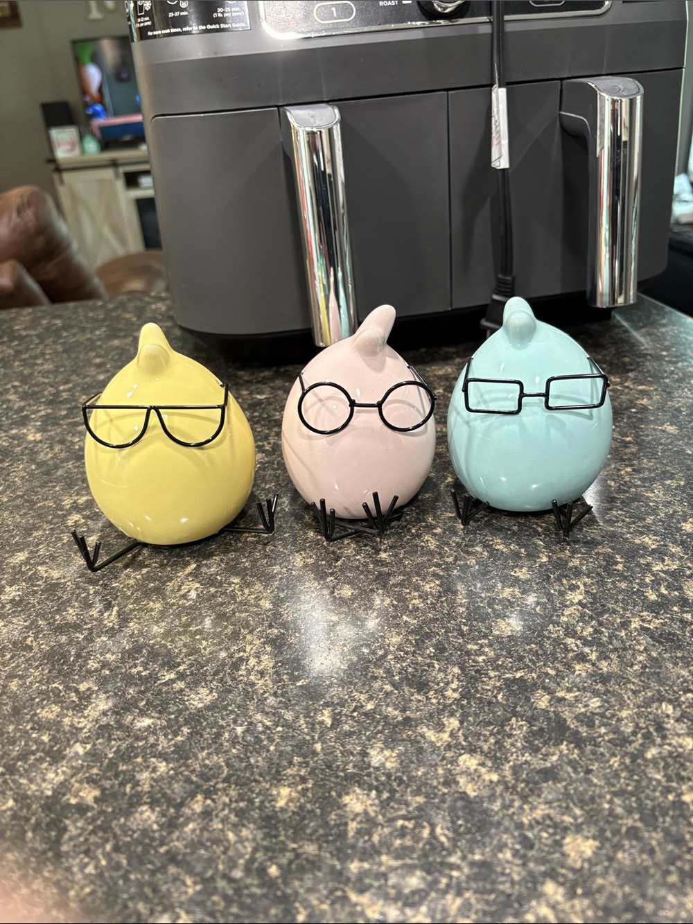 Set of 3 Ceramic Chick Figurines with Wire Glasses - Yellow, Pink, Blue